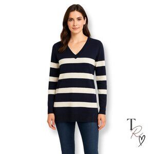 GAP Eversoft V-Neck Wool Blend Sweater in Navy & White Stripes Size Medium TALL